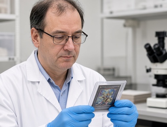 Preservationist in blue gloves inspecting a graded card slab in the lab