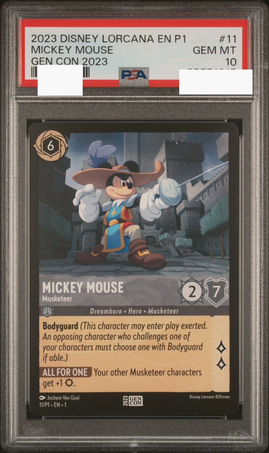 Sanitized PSA 10 slab of Gen Con 2023 Mickey Mouse – Musketeer (11/P1); certification number and barcodes redacted